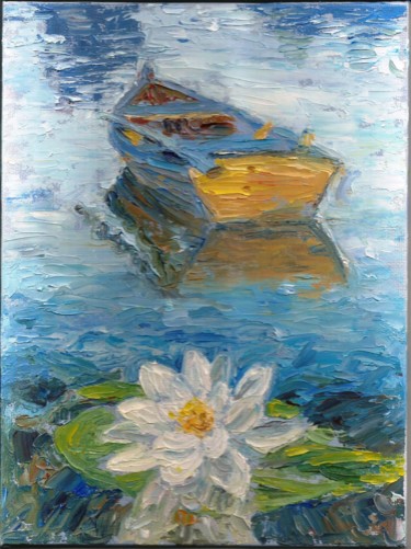Ζωγραφική με τίτλο "Βαρκούλα στη λίμνη" από Athanasia P., Αυθεντικά έργα τέχνης, Λάδι