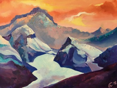Painting titled "Les montagnes roses…" by Larisa Caloin, Original Artwork, Oil
