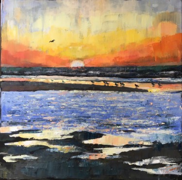 Painting titled "Coucher de soleil à…" by Larisa Caloin, Original Artwork, Oil