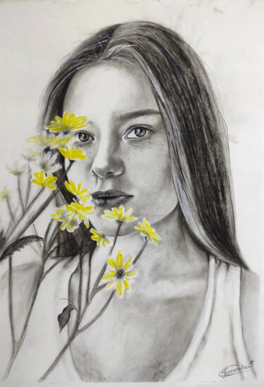 Картина под названием "Девушка с ромашками" - Sitora Brejneva, Подлинное произведение искусства, Карандаш