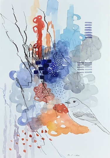 Malerei mit dem Titel "Bird in the City 3" von Siu Chong Law Luo Shao Zhuang, Original-Kunstwerk, Aquarell