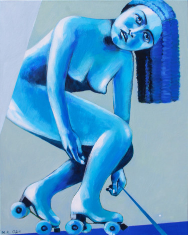 Malerei mit dem Titel "Blue roller skater" von Małgorzata Łodygowska, Original-Kunstwerk, Acryl Auf Keilrahmen aus Holz mont…