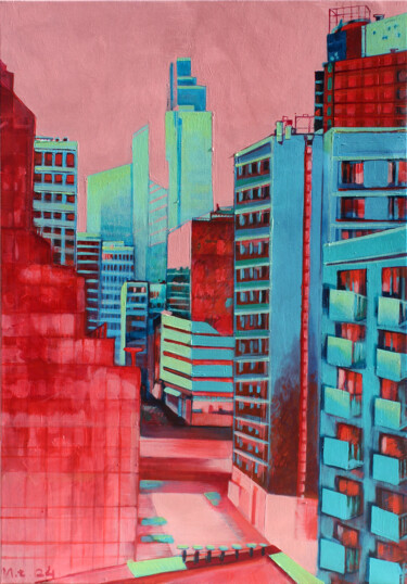 Schilderij getiteld "City" door Małgorzata Łodygowska, Origineel Kunstwerk, Acryl Gemonteerd op Frame voor houten brancard