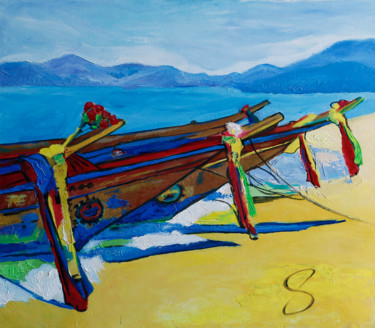 Pintura titulada "Boats in the Gulf o…" por Konstantin Siiatskii, Obra de arte original, Oleo Montado en Bastidor de camilla…