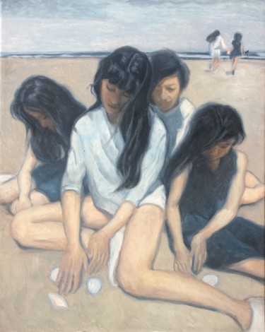 Painting titled "Four girls sit on t…" by Siyu Sun, Original Artwork, Oil