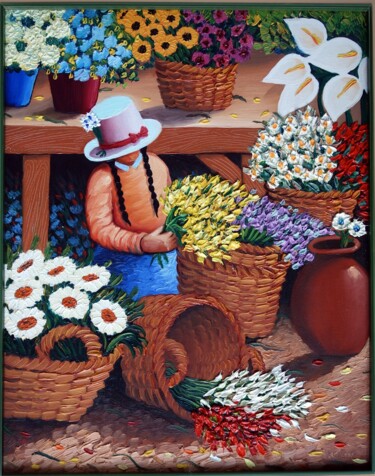 Pintura titulada "Girl on flower mark…" por Sjoerd Nienhuys, Obra de arte original, Oleo