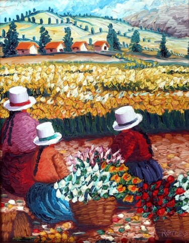 Pintura titulada "Three women collect…" por Sjoerd Nienhuys, Obra de arte original, Oleo Montado en Bastidor de camilla de m…