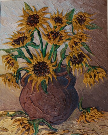 Schilderij getiteld "Sunflowers , eleven…" door Sjoerd Nienhuys, Origineel Kunstwerk, Olie Gemonteerd op Frame voor houten b…