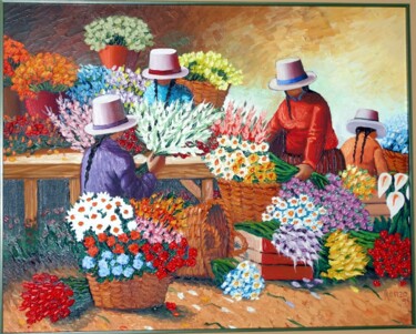 Painting titled "4 women in flower m…" by Sjoerd Nienhuys, Original Artwork, Oil Mounted on Wood Stretcher frame