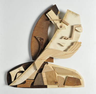 Sculptuur getiteld "portret met hand" door Sjoukje Gootjes, Origineel Kunstwerk, Hout