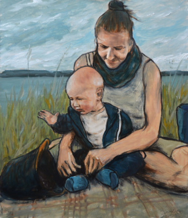 Malerei mit dem Titel "By the lake" von Vladimir Skalkin, Original-Kunstwerk, Öl