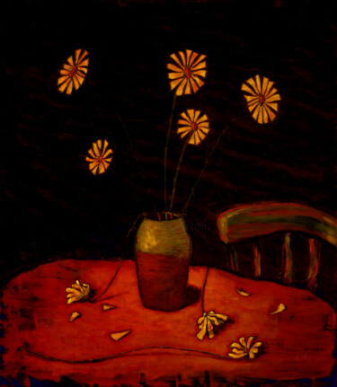 Painting titled "New Flowers" by Vladimir Skalkin, Original Artwork, Oil Mounted on Wood Stretcher frame