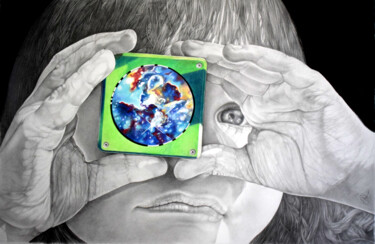 图画 标题为“Jeux d'Univers” 由Rita Kortshok, 原创艺术品, 铅笔 安装在玻璃上