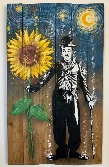 Schilderij getiteld "Le Tournesol" door Skayzoo, Origineel Kunstwerk, Acryl Gemonteerd op Frame voor houten brancard