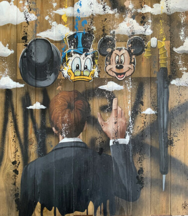 Malarstwo zatytułowany „Coat Hanger Magritte” autorstwa Skayzoo, Oryginalna praca, Akryl Zamontowany na Drewniana rama noszy