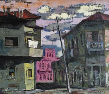 Painting titled "straat in Durrës" by Skender Balaj, Original Artwork