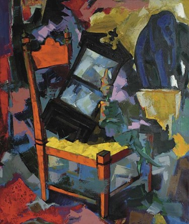 Painting titled "stoel met klok" by Skender Balaj, Original Artwork