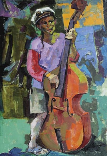 Painting titled "contra-bassist" by Skender Balaj, Original Artwork