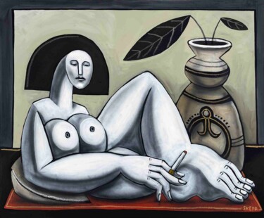 Painting titled "La femme à la cigar…" by Skepa, Original Artwork, Acrylic Mounted on Wood Stretcher frame