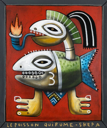 Painting titled "Le poisson qui fume" by Skepa, Original Artwork, Acrylic Mounted on Wood Stretcher frame