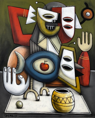 Painting titled "Repas dominical" by Skepa, Original Artwork, Acrylic Mounted on Wood Stretcher frame