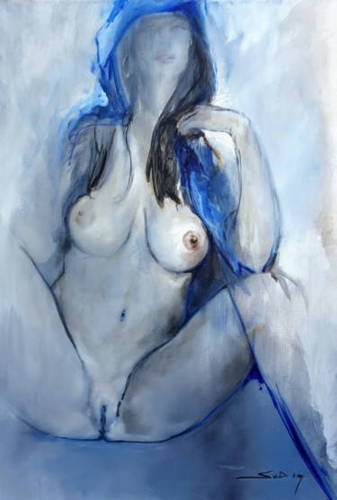 Schilderij getiteld "femme en drap bleu" door Skipp Von Danzig, Origineel Kunstwerk, Olie Gemonteerd op Frame voor houten br…