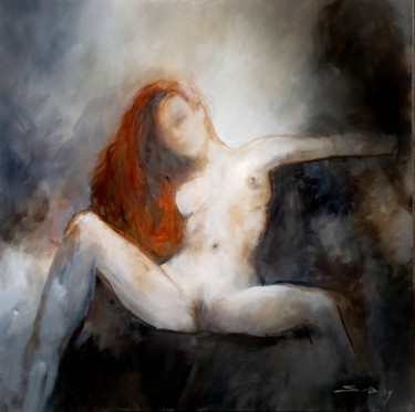 Painting titled "nu sur canapé II" by Skipp Von Danzig, Original Artwork, Oil Mounted on Wood Stretcher frame