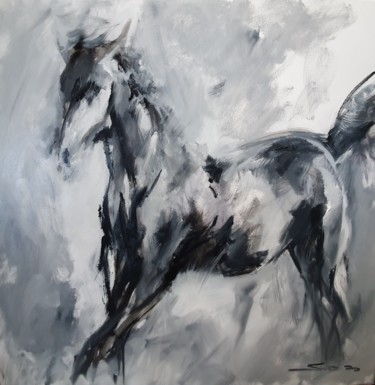 Painting titled "Cheval #5" by Skipp Von Danzig, Original Artwork, Oil Mounted on Wood Stretcher frame