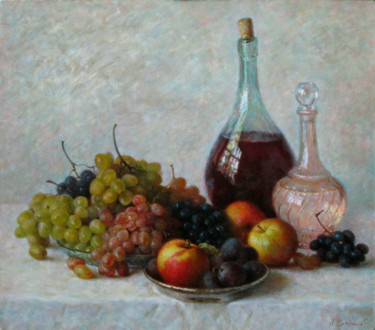 Painting titled "Wine and grapes" by Igor Skorikov, Original Artwork, Oil