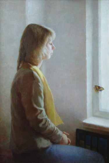 Painting titled "Near the window. Ta…" by Igor Skorikov, Original Artwork, Oil