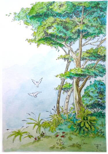 Painting titled "Forest Edge" by Skratek, Original Artwork, Watercolor