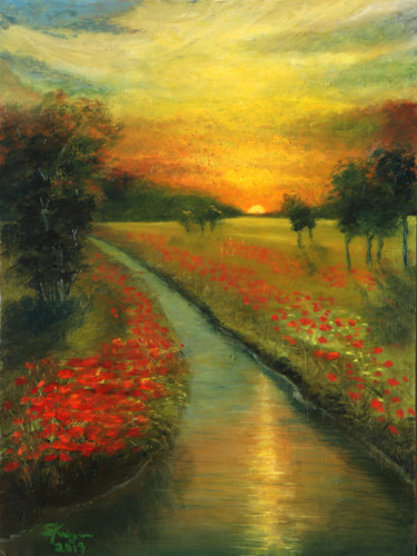 Painting titled "floweredfields-fina…" by Stephen Krieger, Original Artwork, Oil