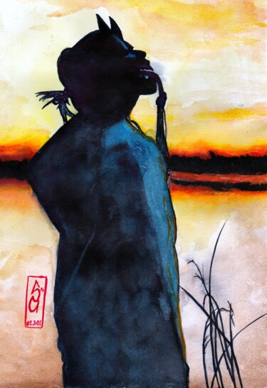 Dessin intitulée "sunset oni" par Skullartink, Œuvre d'art originale, Aquarelle