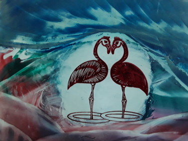 Digitale Kunst getiteld "Flamingo friends" door Heather Prosser, Origineel Kunstwerk, Digitaal Schilderwerk