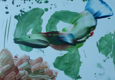 Digitale Kunst mit dem Titel "The green fish I'm…" von Heather Prosser, Original-Kunstwerk, Enkaustik