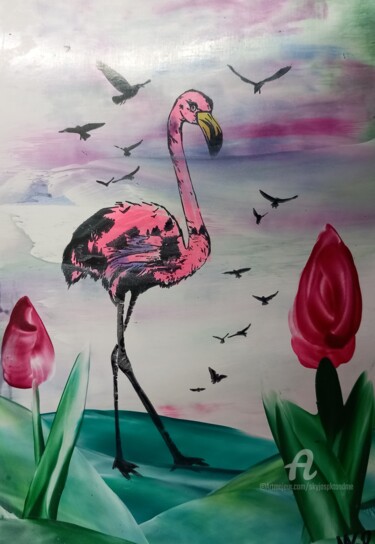 Artes digitais intitulada "Flamingo  tulipa" por Heather Prosser, Obras de arte originais, encáustico