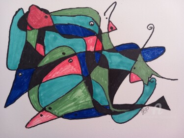 Digitale Kunst mit dem Titel "Birds fish and foxes" von Heather Prosser, Original-Kunstwerk, Marker