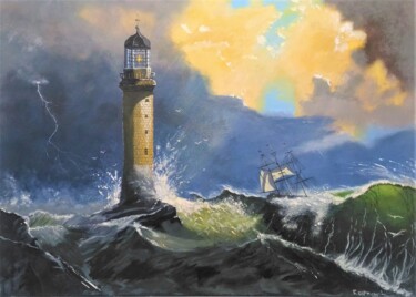 Schilderij getiteld "Tempête en mer" door Skylinepainting, Origineel Kunstwerk, Acryl Gemonteerd op Frame voor houten branca…