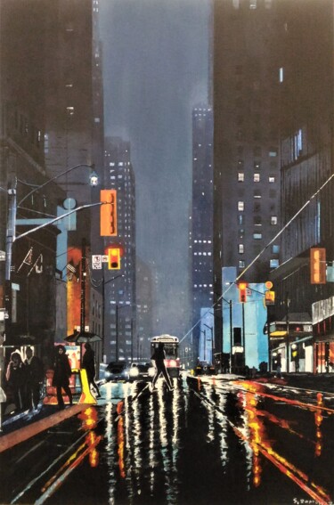 Painting titled "New York sous la pl…" by Skylinepainting, Original Artwork, Acrylic Mounted on Wood Stretcher frame
