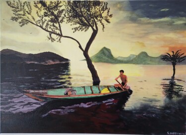 Schilderij getiteld "Pêcheur indonésien" door Skylinepainting, Origineel Kunstwerk, Acryl Gemonteerd op Frame voor houten br…