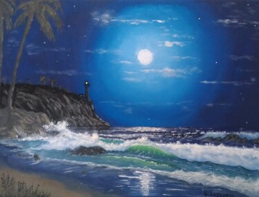 Painting titled "Pleine lune bord de…" by Skylinepainting, Original Artwork, Acrylic Mounted on Wood Stretcher frame