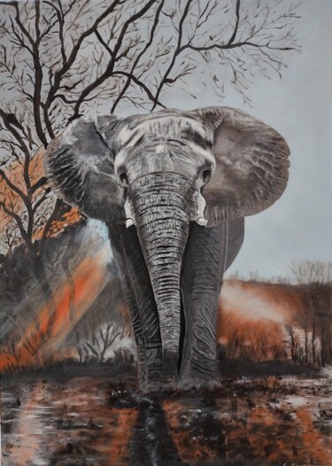 Painting titled "Eléphant" by Skylinepainting, Original Artwork, Acrylic Mounted on Wood Stretcher frame