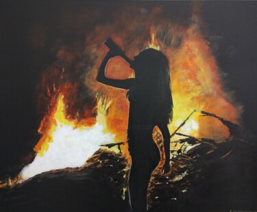 Pittura intitolato "Soirée autour du feu" da Skylinepainting, Opera d'arte originale, Acrilico Montato su Telaio per barella…