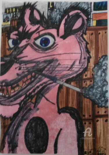 Tekening getiteld "Evil Panther" door Skylor Timeless, Origineel Kunstwerk, Marker Gemonteerd op Frame voor houten brancard