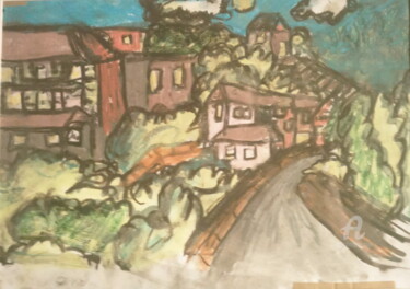 Malerei mit dem Titel "Das Dorf an der Str…" von Skylor Timeless, Original-Kunstwerk, Kreide Auf Keilrahmen aus Holz montiert