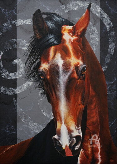 Painting titled "Horse head Cheval t…" by Skyzune Art, Original Artwork, Acrylic Mounted on Wood Stretcher frame