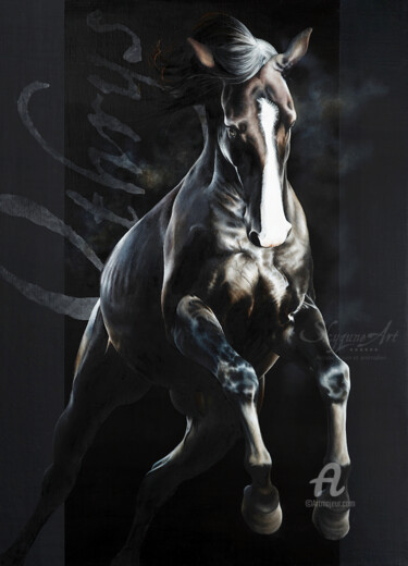 「Black horse running…」というタイトルの絵画 Skyzune Artによって, オリジナルのアートワーク, オイル ウッドストレッチャーフレームにマウント