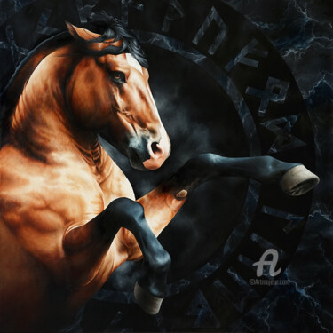 Painting titled "Horse rearing paint…" by Skyzune Art, Original Artwork, Oil