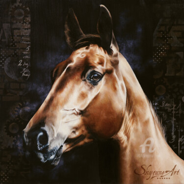 Ζωγραφική με τίτλο "Golden horse painti…" από Skyzune Art, Αυθεντικά έργα τέχνης, Λάδι Τοποθετήθηκε στο Ξύλινο φορείο σκελετό