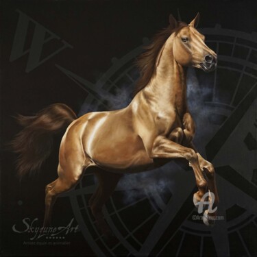 Pintura titulada "WEST Horse compass…" por Skyzune Art, Obra de arte original, Oleo Montado en Bastidor de camilla de madera